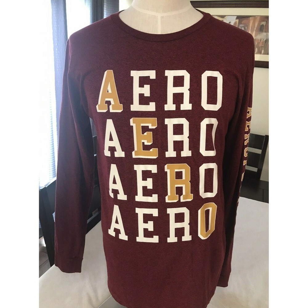 AERO Aeropostale Mens T Shirt Tee Long Sleeve Graphic Spellout Size L Red NEW